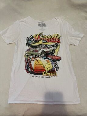 Chemistry Off The Shoulder White Tee with Yellow, Red and Blue Corvette Script
